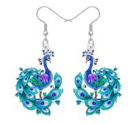 BONSNY Boucles d'oreilles pendantes en forme de paon coloré, motif oiseaux en acrylique bleu turquoise avec accents floraux, crochet décoratif printemps été, style bohème, bijoux cadeaux pour femmes