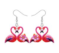 BONSNY Boucles d'oreilles pendantes flamant rose tropical, bijoux avec fleurs d'hibiscus, style plage hawaïenne, motif floral coloré, Medium, Acrylique Acier inoxydable, Pas de gemme