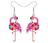 BONSNY Boucles d'oreilles pendantes flamant rose tropical, bijoux avec fleurs d'hibiscus, style plage hawaïenne, motif floral coloré, Medium, Acrylique Acier inoxydable, Pas de gemme
