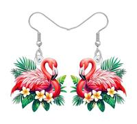 BONSNY Boucles d'oreilles pendantes flamant rose tropical, bijoux avec fleurs d'hibiscus, style plage hawaïenne, motif floral coloré, Medium, Acrylique Acier inoxydable, Pas de gemme