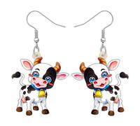 BONSNY Boucles d'oreilles Pendantes Goutte en Acrylique Cartoon Sourire Fleur Vache Mignon Ferme Animaux Bijoux Cadeaux pour les Femmes Charms (Gris)