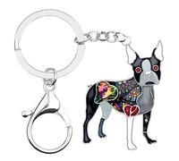 BONSNY Émail Alliage Strass Boston Terrier Mignon Chien Porte-Clés Pour les Femmes Sac À Main de Voiture Sac Clés Animaux Amoureux Charms Cadeaux Accessoires (Noir)