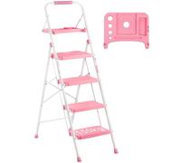 BONTEC Escabeau 4 Marches avec Plateforme de Travail, Charge 150 kg Escabeau Pliable, Larges Marche Pied Pliable Antidérapantes, Tabouret en Acier Marche Pied Adulte, Rose