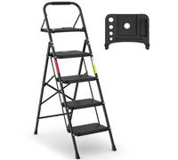 BONTEC Escabeau Pliable 4 Marches avec Plateforme, 150 kg, Noir | Plateforme de Travail, Larges Marches Antidérapantes, Structure en Acier