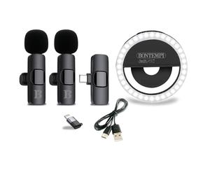 Bontempi | 2 Micros sans Fil Lavalier avec Ring Light, 8.5x8.5x2.7 cm | Compatible Smartphone, Tablette, Ordinateur Portable, PC