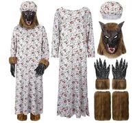 Bonuci Costume d'Halloween pour grand-mère avec chapeau, masque de tête de loup, gants, jambières pour fête (blanc)