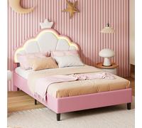 BONUIE Lit Enfant Rembourré 140 x 200 cm avec Lampes LED, lit de Princesse en Forme de Couronne, avec sommier à Lattes et tête de lit réglable, Velours, sans Matelas, Rose