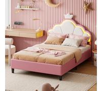 BONUIE Lit pour Enfant rembourré 90 x 200 cm, Lit de Princesse en Forme de Couronne avec LED, tête de réglable en Hauteur et sommier à Lattes, Velours, sans Matelas, Rose