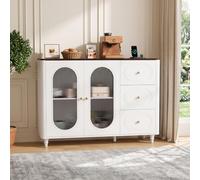 BonVache Armoire de Cuisine avec Multiprise, Buffet avec Plan de Ttravail, Buffet Blanc, Buffet de Cuisine À 2 Portes, 3 Tiroirs, Étagère Réglable, pour Le Salon, La Cuisine, Le Couloir, 120x88x41cm