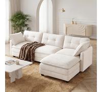 BonVache Canapé modulable avec Repose-Pieds Amovible, Canapé d'angle Convertible 3 Places avec Fonction réglable en Hauteur, Velours côtelé et Coussins Multicouches, 284 × 144 × 87 cm, Beige