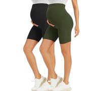 BONVIGOR Short de maternité au-dessus du ventre, pantalon court pour motard, entraînement, yoga, sport, grossesse, pyjama de détente, Lot de 2 - noir/vert olive, L