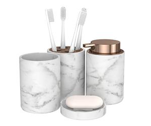 bonVIVO Accessoires Salle De Bain - Set Marmora 4 pièces - Ensemble Salle de Bain de Luxe Effet Marbre avec Porte Brosse à Dents, Distributeur de Savon, Porte-Savon et Gobelet - Rose