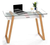 bonVIVO Bureau Scandinave - Blanc en Bois avec Plateau en Verre - Console avec Rangement - Informatique Idéal pour Le Télétravail