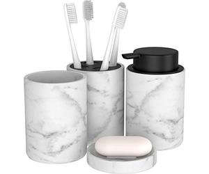 bonVIVO Marmora Ensemble D'Accessoires Salle De Bain 4 Pcs, Set De Salle De Bain De Luxe Effet Marbre/Noir avec Porte-Savon, Distributeur De Savon, Gobelet, Porte-Brosse À Dents - Noir