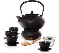 Bonvivre© Service à thé 12 pièces en Fonte émaillée - pour 4 Personnes | Service à thé de Style Asiatique avec théière (1,4 L), théière, Tasses, soucoupes, cuillères à mesurer, Tamis