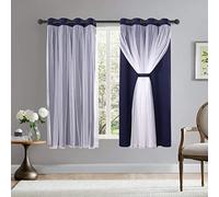 Bonzer Mix & Match Lot de 2 Rideaux Double Couche occultants à œillets, avec Voilage Blanc, pour Chambre à Coucher - Bleu Marine, 132 x 160 cm