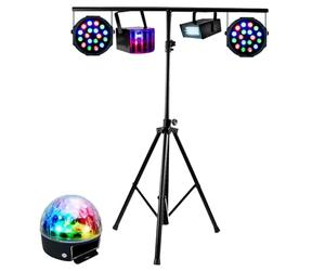 BOO - PACK DE 5 EFFETS JEUX DE LUMIERE COMPACTS à LED + PORTIQUE ROBUSTE REGLABLE EN HAUTEUR idéal soirée ambiance bar club disco fiesta