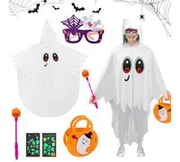 Booaee Deguisement Fantome Enfant,6 pièces Costume d'Halloween pour Enfants Costume Halloween Enfant Fantome avec Cape blanche Baguette magique Lunettes lumineuses pour Halloween Carnaval Cosplay