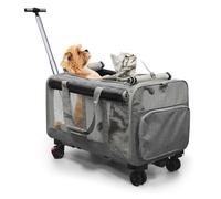 BOODPET Grand transport pour chats, transport pour 2 chats, transport pliable sur roulettes, 2 compartiments détachables, avec baguette jouet pour chats et sangle pour le ranger, gris