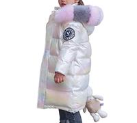 Boodtag Doudoune d'hiver à capuche gonflante avec fermeture éclair imperméable pour enfants filles et garçons - Veste longue brillante et chaude avec col en fausse fourrure, blanc, 10-11 ans