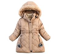Boodtag Manteau d'hiver épais avec capuche en fourrure pour fille - Doudoune doublée polaire - Fermeture éclair - Manches longues - Matelassée - Avec ceinture - Pour 5 à 12 ans, Café, 11-12 ans
