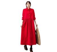 Boodtag Robe pour femme vintage grande taille en velours côtelé - UK - Dames élégantes - Chemise longue décontractée - Coupe A - Maxi blouse avec col à revers - Tenue automne hiver, Rouge, XXL