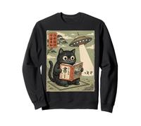 Book Lover UFO Alien Abduction Vintage Japanese Cat Sweatshirt