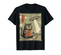 Book Lover UFO Alien Abduction Vintage Japanese Cat T-Shirt