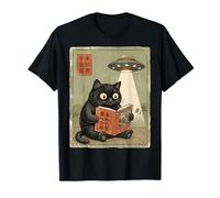 Book Lover UFO Alien Abduction Vintage Japanese Cat T-Shirt