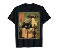 Book Lover UFO Alien Abduction Vintage Japanese Cat T-Shirt