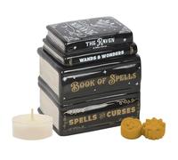 Book of Spells Brûleur à huile en céramique pour Halloween avec deux bougies parfumées assorties en cire de soja et une bougie chauffe-plat en cire de soja non parfumée, pour la famille et les amis