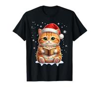 Book Reader Cat Christmas Santa Hat Funny Cat Reading Lover T-Shirt