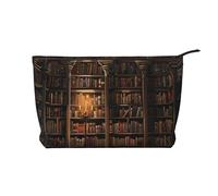 Book Room Trousse de maquillage en velours côtelé avec imprimé bibliothèque mystérieuse - Petite pochette de toilette multifonction - Cadeau pour femme