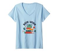 Book Worm Cute Reading Lover Bookworm Literary T-Shirt avec Col en V, Femme, Bleu Céleste, L