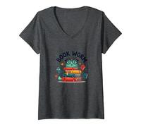 Book Worm Cute Reading Lover Bookworm Literary T-Shirt avec Col en V, Femme, Chiné Foncé, XL