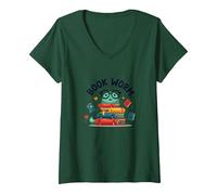 Book Worm Cute Reading Lover Bookworm Literary T-Shirt avec Col en V, Femme, Vert Forêt, L