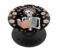 Bookish Go Away I'm Reading Book Lover Floral Skeleton Funny PopSockets PopGrip Adhésif