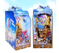 Booknook Kit de ballons pour adultes et adolescents, kit de ballons Book Nook, une maison volante en voyage du monde DIY Miniature House avec lumière, puzzle 3D Booknook 203 pièces puzzle en bois pour