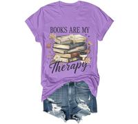 Books are My Therapy Shirt Retro Floral Book Coffee Graphic Tee Cozy Reading Book Lover Bookish Shirt, violet, M