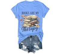 Books are My Therapy Shirt Retro Floral Book Coffee Graphic Tee Cozy Reading Book Lover Bookish Shirt, Bleu (Carolina blue), XL