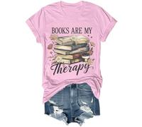Books are My Therapy Shirt Retro Floral Book Coffee Graphic Tee Cozy Reading Book Lover Bookish Shirt, rose, M