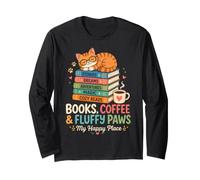 Books Coffee and Fluffy Paws Lecteur de Chat Confortable Manche Longue