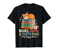 Books Coffee and Fluffy Paws Lecteur de Chat Confortable T-Shirt Graphique avec Valeur