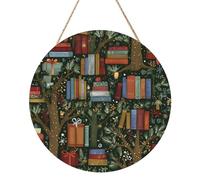 Books Under The Tree Prints Panneau en bois rond de 30,5 cm pour décoration de la maison pour fenêtres, murs et couloirs.