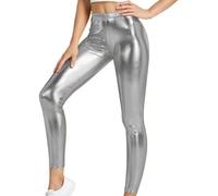 BOOM Prime Girls Leggings métalliques Brillants pour Enfants Look mouillé Dance Party Sports Pantalon sans Pieds Pantalon uni Pleine Longueur (Argenté., 13-14 Ans)