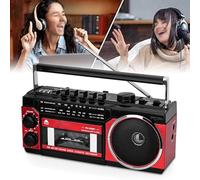 Boombox Classique Style RéTro AnnéEs 80, MagnéTophone Cassette, Lecteur Cassettes/Bluetooth/Carte Enfichable/Enregistrement, Compatible avec Bandes FréQuences FM/AM/SW Alimentation/Batterie,Red