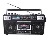 Boombox Lecteur CD rétro avec conversion MP3, Bluetooth, deux haut-parleurs de 7,6 cm, microphone intégré, enregistreur, radio 4 bandes et égaliseur 3 bandes