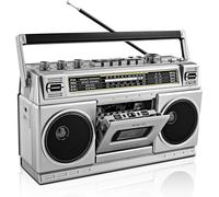Boombox Rétro Années 80 avec Bluetooth et Lecteur Cassette Radio AM/FM/SW1/SW2, Son Graves Puissants 24W, Support USB/Micro SD, Portable pour Intérieur et Extérieur