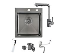 BoomHoze Évier Noir Anthracite 40 X 45 Cm Avec Robinet De Cuisine Extensible Gris Noir, Égouttoir Et Siphon - 1 Bac Carré Encastré Avec 2 Trous