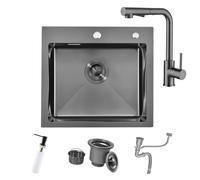 BoomHoze Évier Noir Anthracite 55 X 45 Cm Avec Robinet De Cuisine Extensible Gris Noir, Égouttoir Et Siphon - 1 Bac Carré Encastré Avec 2 Trous